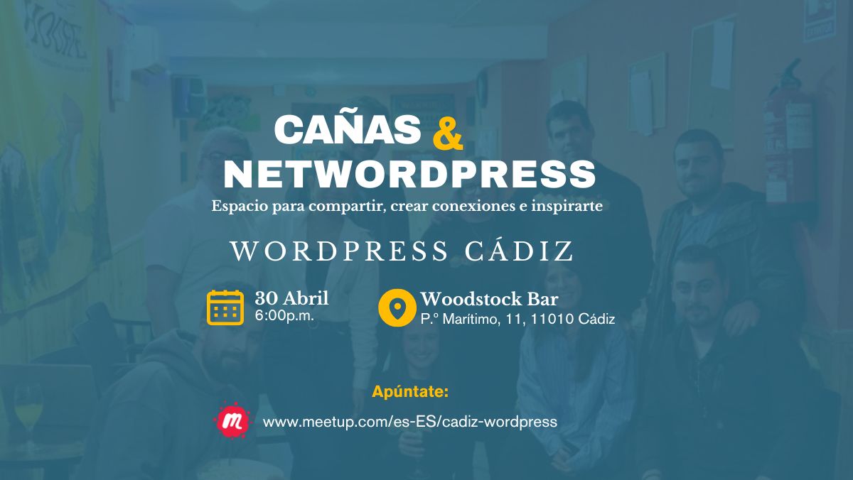 📣  ¡Meetup a la vista! Cañas y NetWordPress llega este 30 de abril.

Un espacio relajao pa’ compartir ideas y conocer gente  con tus mismas pasiones.

🕕 Hora: 18:00
 📌 Lugar: Pub Woodstock Paseo Beach, Cádiz. 

📍Apúntate 👉 bit.ly/wpcadizmeetupa…