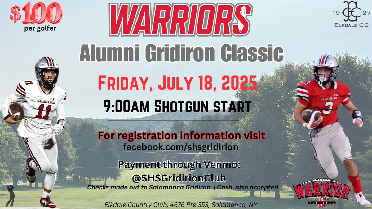 Salamanca Warriors Football (@salwarriorsftbl) on Twitter photo The Annual Gridiron Classic Golf Tournament is set for July 18th at <a href="/GolfElkdale/">Elkdale Country Club</a>
β³οΈποΈββοΈποΈββοΈ9AM shotgun start
Register online: forms.office.com/r/623vDXcCsH
$100 per golfer, includes green fees, cart and food after!
#GridironClassic #GolfTournament The Annual Gridiron Classic Golf Tournament is set for July 18th at <a href="/GolfElkdale/">Elkdale Country Club</a>
β³οΈποΈββοΈποΈββοΈ9AM shotgun start
Register online: forms.office.com/r/623vDXcCsH
$100 per golfer, includes green fees, cart and food after!
#GridironClassic #GolfTournament