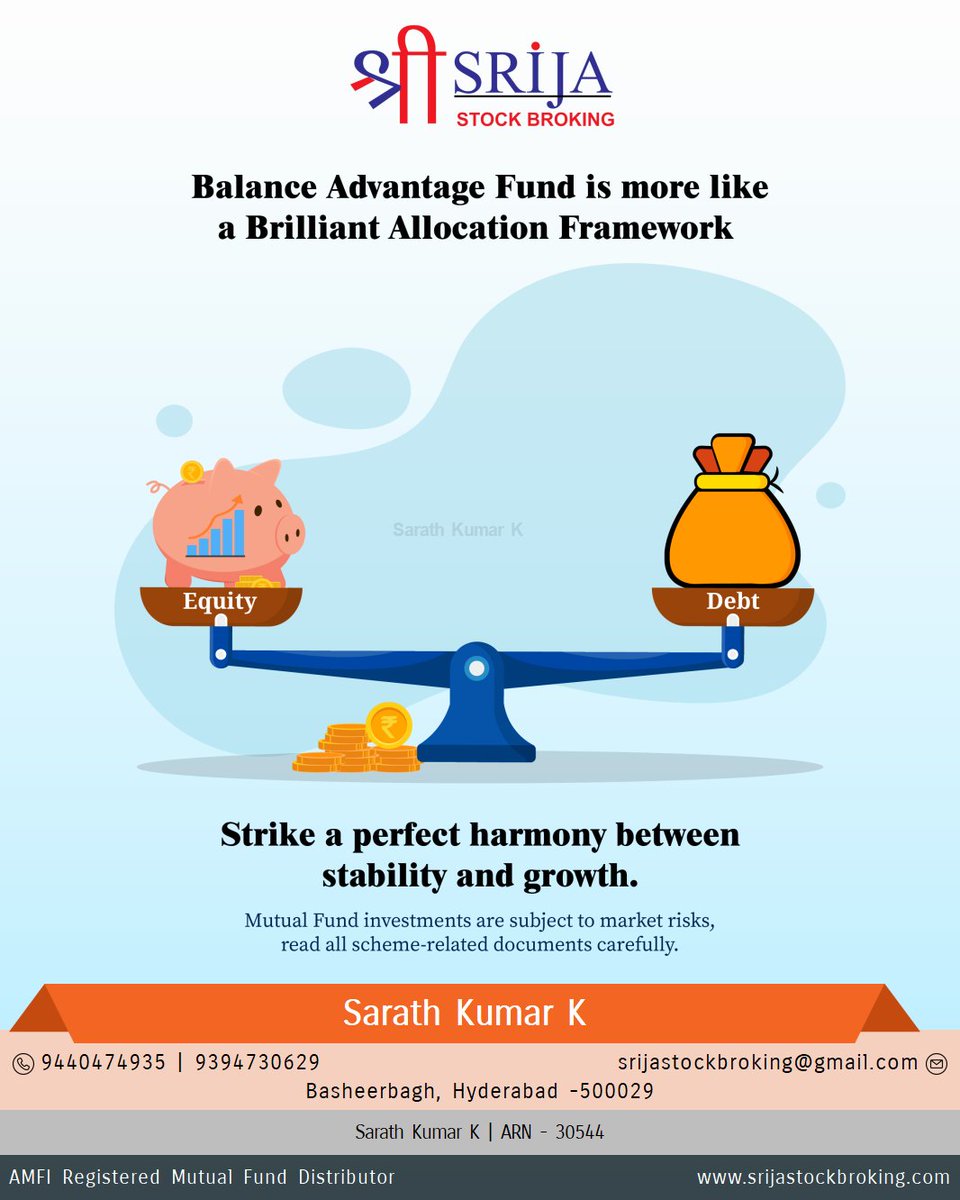 SrijaStock's tweet image. Balance the ups and downs of equity with the stability of debt. #BalancedAdvantageFund #MarketBalance #SmartAllocation To receive your copy of FREE eBook on Financial Freedom u4873.app.goo.gl/CDeRbKTfb65xp2…