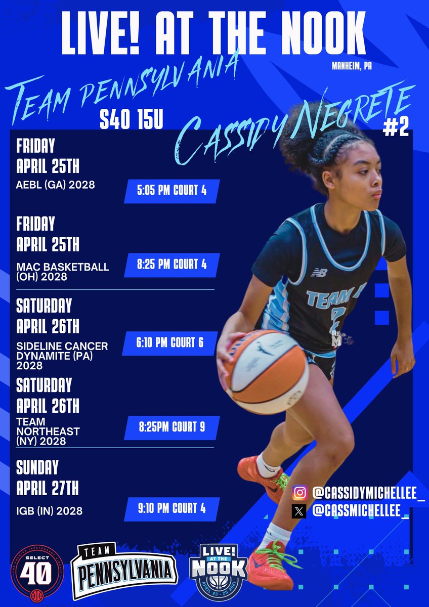 Cassidy Negrete (@cassmichellee_) on Twitter photo Excited to play at Live At The Nook this weekend with my team <a href="/TEAMPAHOOPS/">TEAM PENNSYLVANIA</a> !! Schedule for this weekend!!
<a href="/Shay_Lee_xo/">Shayla Lee</a> Excited to play at Live At The Nook this weekend with my team <a href="/TEAMPAHOOPS/">TEAM PENNSYLVANIA</a> !! Schedule for this weekend!!
<a href="/Shay_Lee_xo/">Shayla Lee</a>
