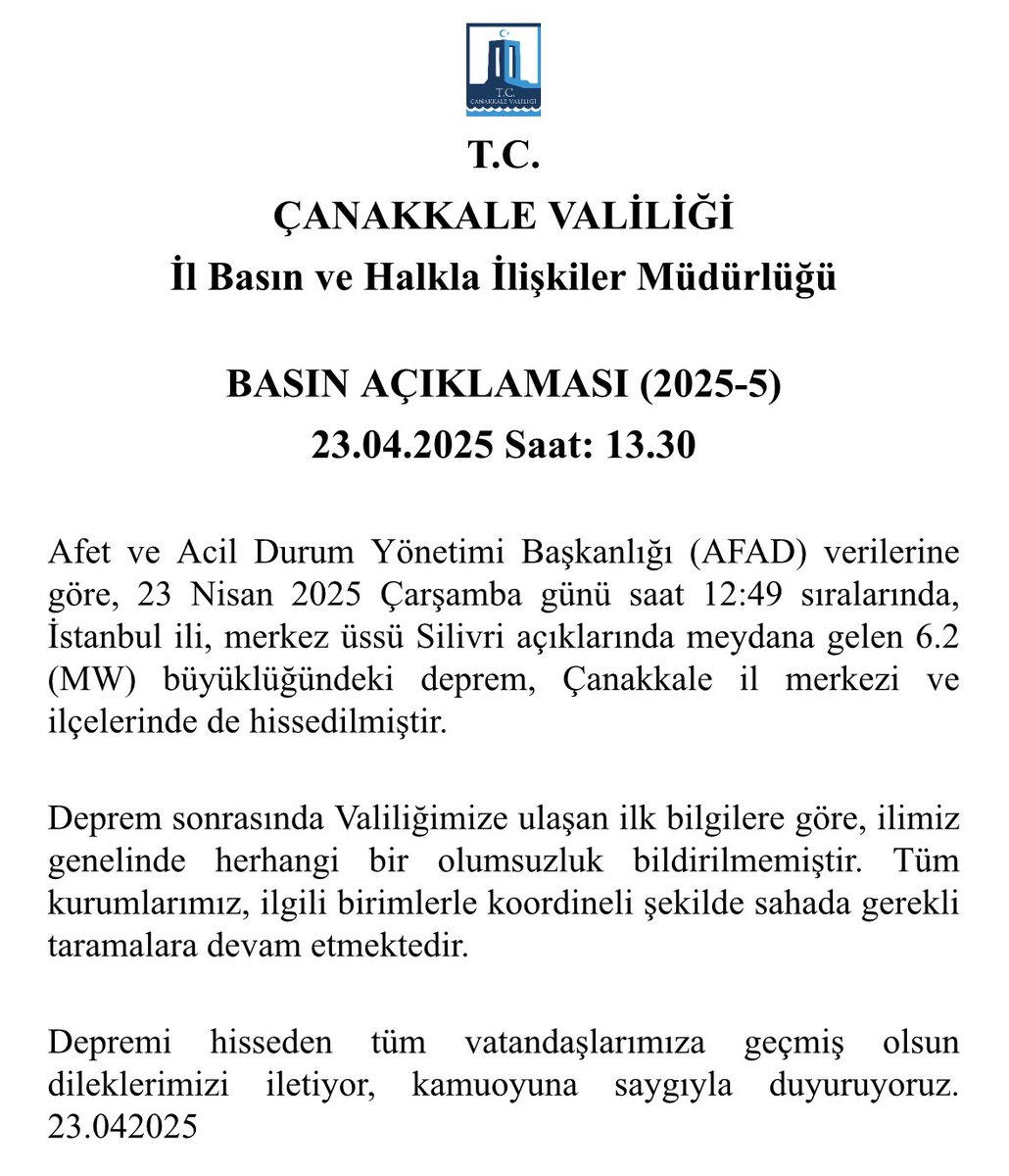 Çanakkale Valiliği (@canakkalegovtr) on Twitter photo Silivride meydana gelen ilimizde de hissedilen depremle ilgili
Basın Açıklaması- 2025/5
<a href="/omertoraman25/">Ömer Toraman, Doç. Dr.</a>
#çanakkale Silivride meydana gelen ilimizde de hissedilen depremle ilgili
Basın Açıklaması- 2025/5
<a href="/omertoraman25/">Ömer Toraman, Doç. Dr.</a>
#çanakkale