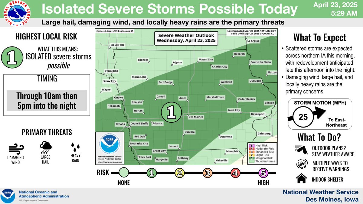 ⛈️Stormy weather will continue through Thu night with off &amp; on showers &amp; storms. A few may be severe with damaging wind, large hail, and locally heavy rains.

⛅️Rain chances will decrease west-east Fri however leading to dry, partly cloudy conditions for Fri night and Sat. 
#iawx