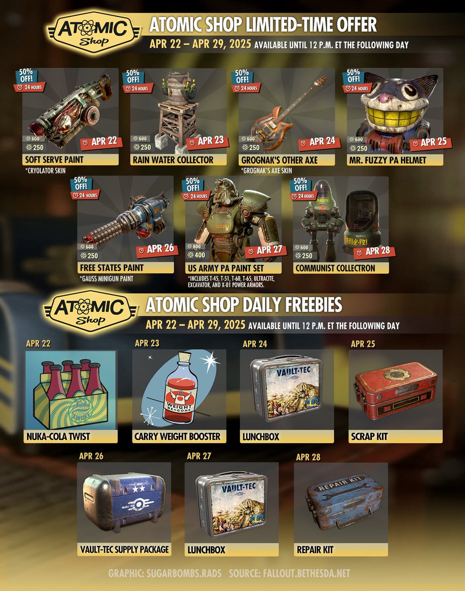 This week Atomic Shop limited-time offer and daily freebies (APRIL 22 - APRIL 29, 2025). Each item will be available until 12 P.M. ET the following day. ⏳Source: SugarBombRADS