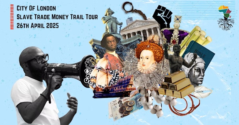 bhmuk's tweet photo. 🕰️ Uncover London's hidden history on the Slave Trade Money Trail Tour. Led by historian Darrel Blake, this 3-hour walking tour reveals how colonial wealth shaped the city's foundations. Meet at Bank Station (Royal Exchange) on Saturday, April 26 @Black_Rooted #BHM #StandingFirm
