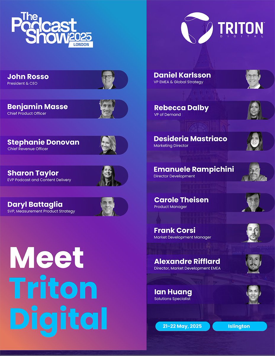 The Triton Digital team is thrilled to attend PodcastShow2025 in London, May 21–22, where we’ll explore the future of the audio technology space, on-site.

📍Meet our attending team: John Rosso, Benjamin Masse, Stephanie Donovan, Sharon Taylor, Daryl Battaglia, Daniel Karlsson,