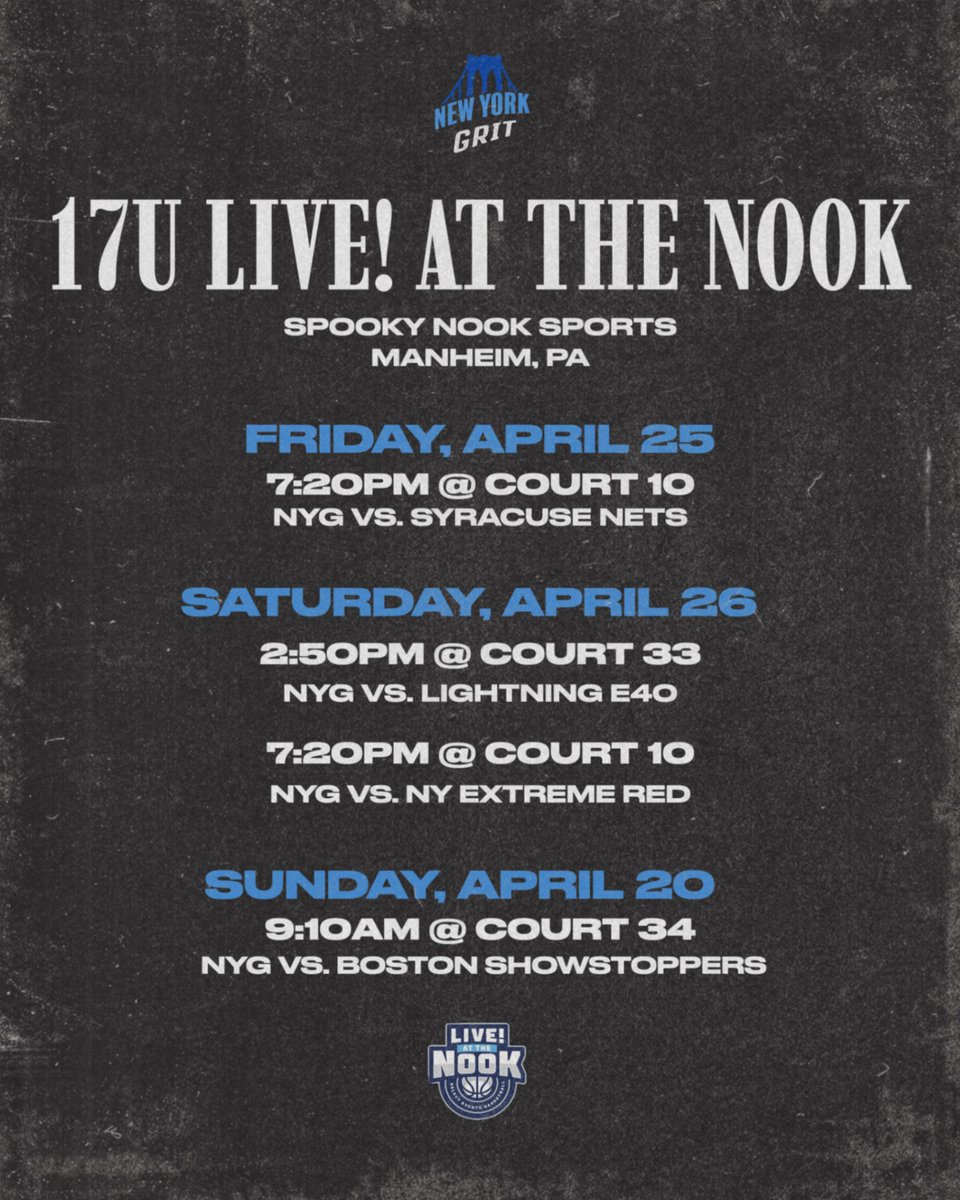 This weekend: GRIT 17U goes to Live! At the Nook 🎬 Spooky Nook Sports → Manheim, PA → Let’s get it 🏀

#LiveAtTheNook #SpookyNook #GRITstrong