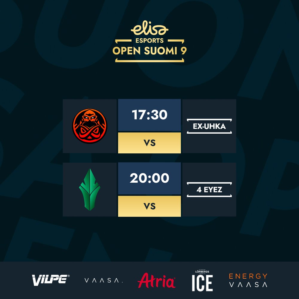 NÄIN ALKAVAT PLEIJARIT 🏆

⏰ 17:30
⚔️ <a href="/ENCE/">ENCE</a> Academy vs ex-UHKA Esports

⏰ 20:00
⚔️ <a href="/HAVUgaming/">HAVU</a> vs 4 EYEZ

📺 twitch.tv/elisaviihdespo…
📺 youtube.com/@elisaesports

#ElisaOpen #esportsfi