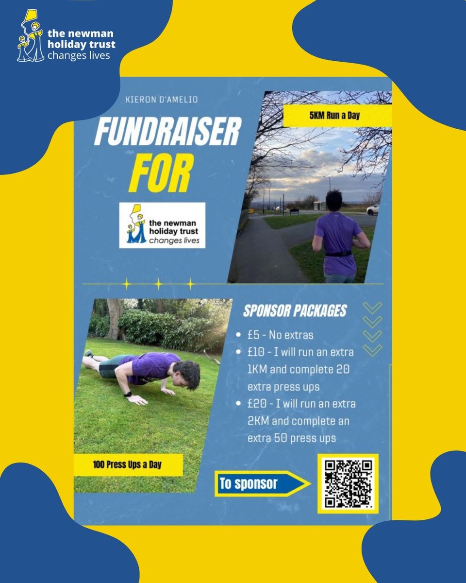 💪 Kieron is running 5km &amp; doing 100 press-ups every day to raise funds for NHT! All to help give the children an unforgettable, joy-filled holiday 💛

The more you donate, the harder he goes - let’s get another child to their dream week ✨

Support here: gofundme.com/f/newman-trust…
