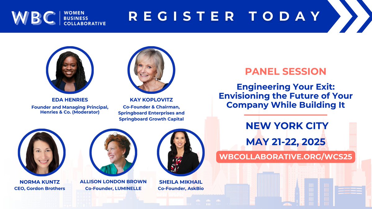 Women Business Collaborative (@wbcollaborative) on Twitter photo Plan for growth, plan your exit--learn why planning early is key to long-term success at #WCS2025! Ft. <a href="/KayKoplovitz/">Kay Koplovitz</a> (<a href="/SpringboardEnt/">Springboard Enterprises</a>), Norma Kuntz (<a href="/GordonBrothers/">Gordon Brothers</a>), <a href="/alondonbrown/">allison london brown</a> (<a href="/luminelle360/">LUMINELLE360</a>) & Sheila Mikhail (<a href="/ask_bio/">AskBio Inc. (AskBio)</a>) 🎤 Moderated by Eda Henries
🔗 wbcollaborative.org/wcs25 Plan for growth, plan your exit--learn why planning early is key to long-term success at #WCS2025! Ft. <a href="/KayKoplovitz/">Kay Koplovitz</a> (<a href="/SpringboardEnt/">Springboard Enterprises</a>), Norma Kuntz (<a href="/GordonBrothers/">Gordon Brothers</a>), <a href="/alondonbrown/">allison london brown</a> (<a href="/luminelle360/">LUMINELLE360</a>) & Sheila Mikhail (<a href="/ask_bio/">AskBio Inc. (AskBio)</a>) 🎤 Moderated by Eda Henries
🔗 wbcollaborative.org/wcs25