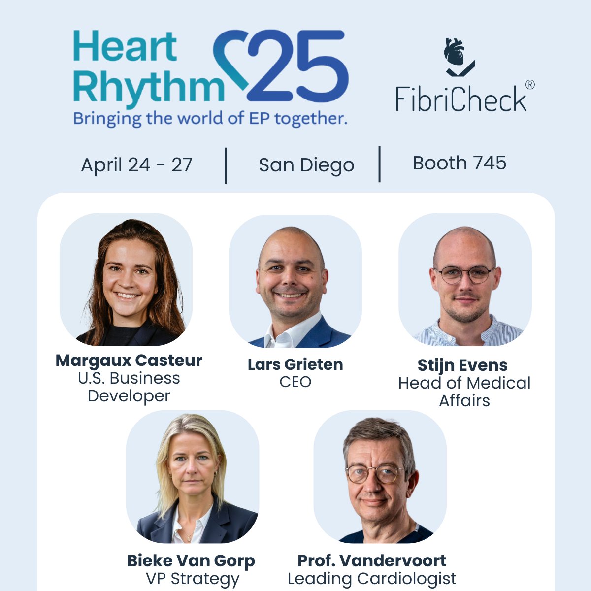 FibriCheck (@fibricheck) on Twitter photo The FibriCheck team is attending #HRS2025, one of the leading events for electrophysiology and cardiology. We are excited to connect with innovators and experts to discuss the added value of FibriCheck in your cardiac diagnostic toolbox. Meet us at booth #745!
<a href="/HRSonline/">Heart Rhythm Society</a> The FibriCheck team is attending #HRS2025, one of the leading events for electrophysiology and cardiology. We are excited to connect with innovators and experts to discuss the added value of FibriCheck in your cardiac diagnostic toolbox. Meet us at booth #745!
<a href="/HRSonline/">Heart Rhythm Society</a>