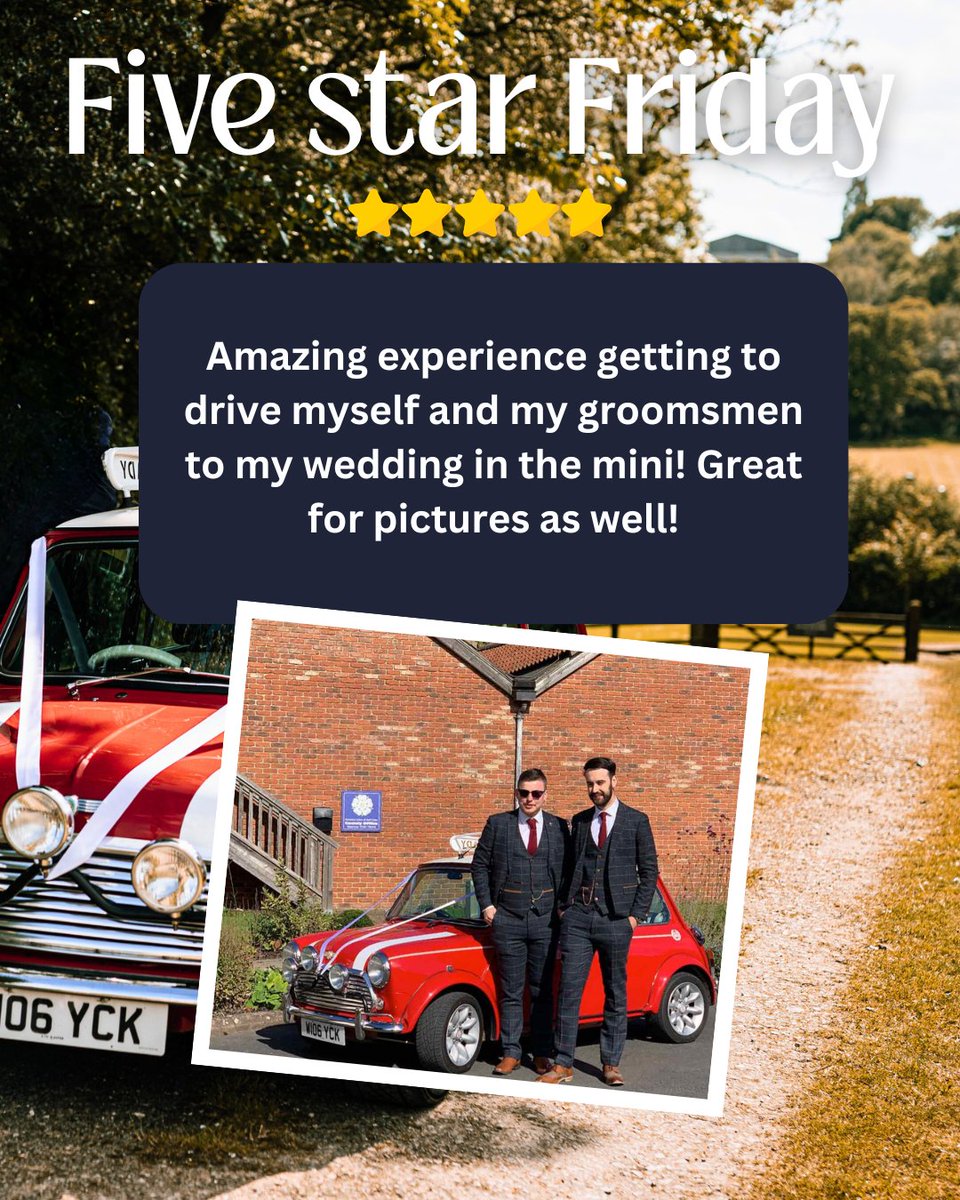 Five Star Friday!
"Amazing experience getting to drive myself and my groomsmen to my wedding in the mini! Great for pictures as well!"

We love to read your reviews!

#FiveStarFriday #RetroMiniHire #CustomerLove #MatildasAdventures #RoadTripMemories #TravelInStyle