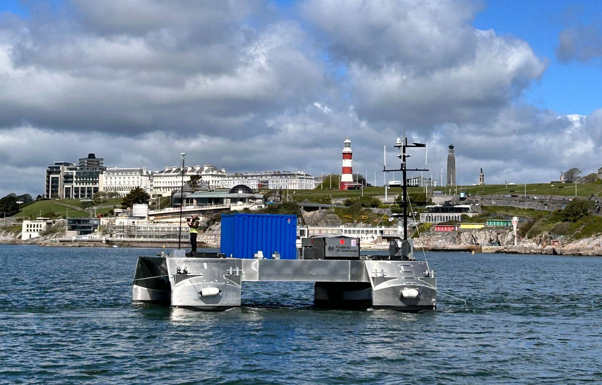 USV PIONEER heads out into Plymouth Sound this morning under tow for the next phase of sea trials #maritimetechnology #oceantech #cleantech #defensetech