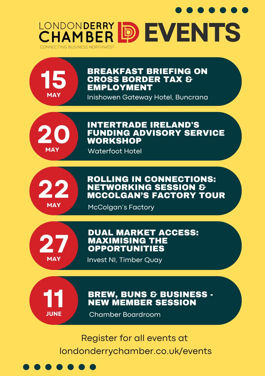 📢Upcoming Chamber Events📢 

Take a look below at our series of upcoming and exciting events set to take place over the next number of weeks 👇 👇 

Register for all events here: lnkd.in/exqxBWJy