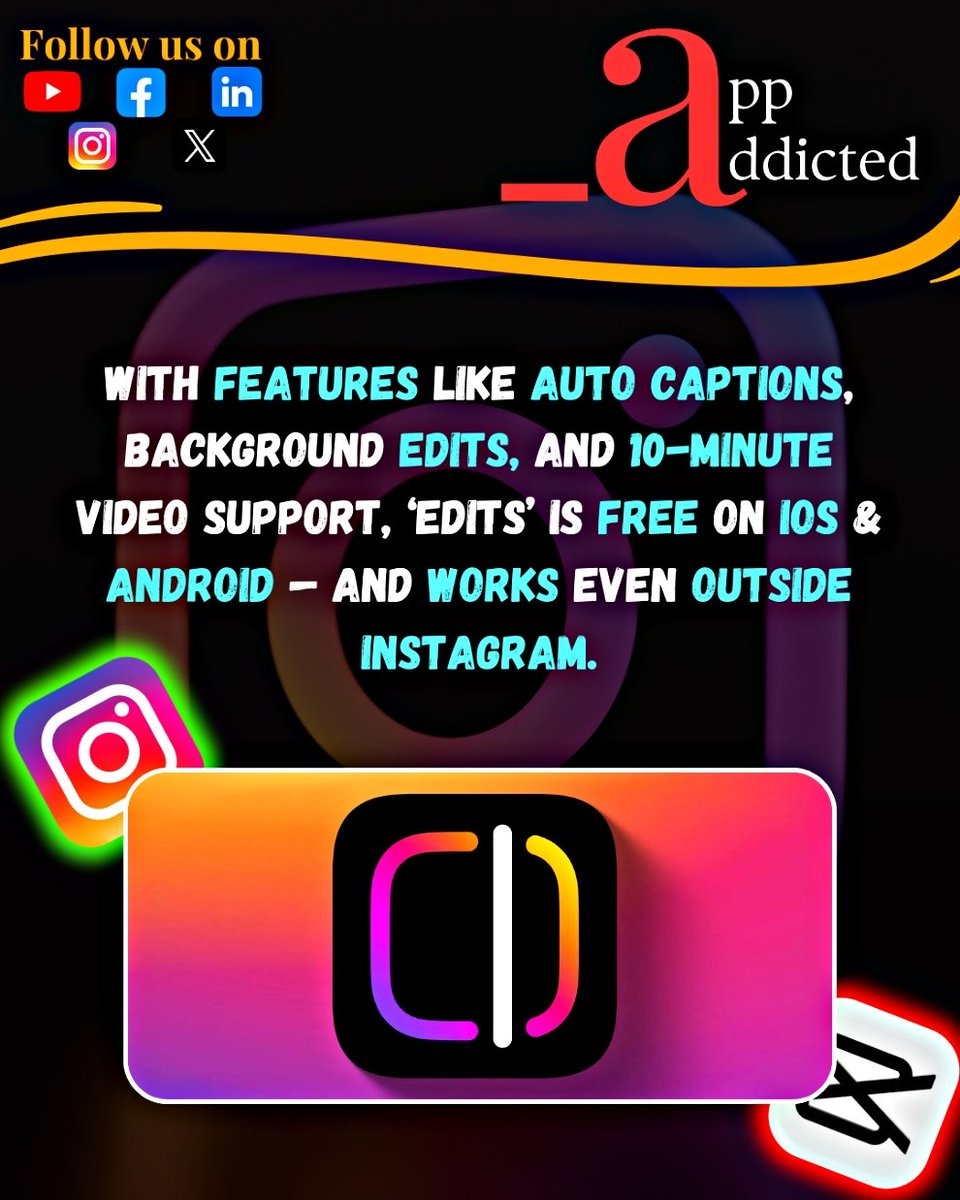 appaddicted_co's tweet photo. Instagram introduces Edits โ a powerful new video editing app designed for creators. ๐ฌ
With tools like animated photos, smart captions, and background editing, itโs set to compete with CapCut.
#InstagramEdits #CapCutRival #CreatorTools #VideoEditingApp #InstaUpdate https://t.co/dEtOVlCkgO
