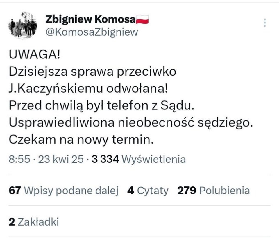 Roman Giertych (@giertychroman) on Twitter photo <a href="/RafalBochenek/">Rafał Bochenek</a> <a href="/OficjalnyJK/">Jarosław Kaczyński</a> Odwołanie rozprawy nastąpiło przed 9, a posiedzenie Sejmu zaczęło się o 10. Sikorski zaczął przemawiać ok. 10:15. Kaczyński nie mógł przez godzinę i 15 minut dojechać do Sejmu? <a href="/RafalBochenek/">Rafał Bochenek</a> <a href="/OficjalnyJK/">Jarosław Kaczyński</a> Odwołanie rozprawy nastąpiło przed 9, a posiedzenie Sejmu zaczęło się o 10. Sikorski zaczął przemawiać ok. 10:15. Kaczyński nie mógł przez godzinę i 15 minut dojechać do Sejmu?