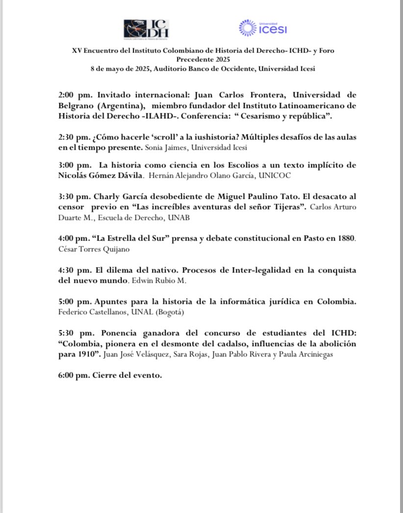 Felicitamos a Paula Arciniegas, Juan Rivera, Sara Rojas y Juan Velásquez, ganadores del primer premio del concurso de ponencias estudiantiles del XV Encuentro del ICHD, con su trabajo: “Colombia, pionera en el desmonte del cadalso: influencias de la abolición para 1910”
