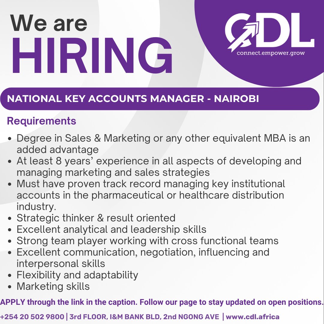 CDLAfrica's tweet image. Our client is looking for an experienced National Key Accounts Manager
Apply here: zurl.to/817E?source=Ca…
Get job updates on WhatsApp: shorturl.at/p3v3c
#NowHiring #KeyAccountsManager #HealthcareJobs #PharmaceuticalCareers #JoinCDLAfrica #LeadershipRole #KenyaJobs