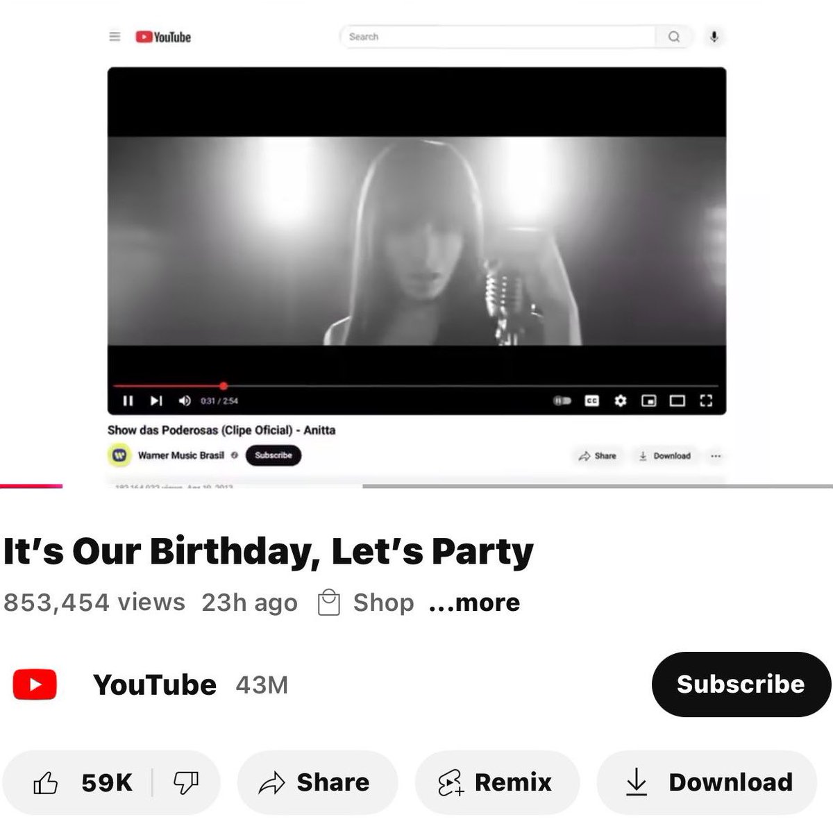 updatecultura's tweet photo. GIGANTE! Anitta é a ÚNICA brasileira presente no vídeo de especial de 20 anos do YouTube.

“Show das Poderosas” foi o PRIMEIRO clipe brasileiro a ultrapassar 100 MILHÕES de views na plataforma. https://t.co/0qN3PS53U5