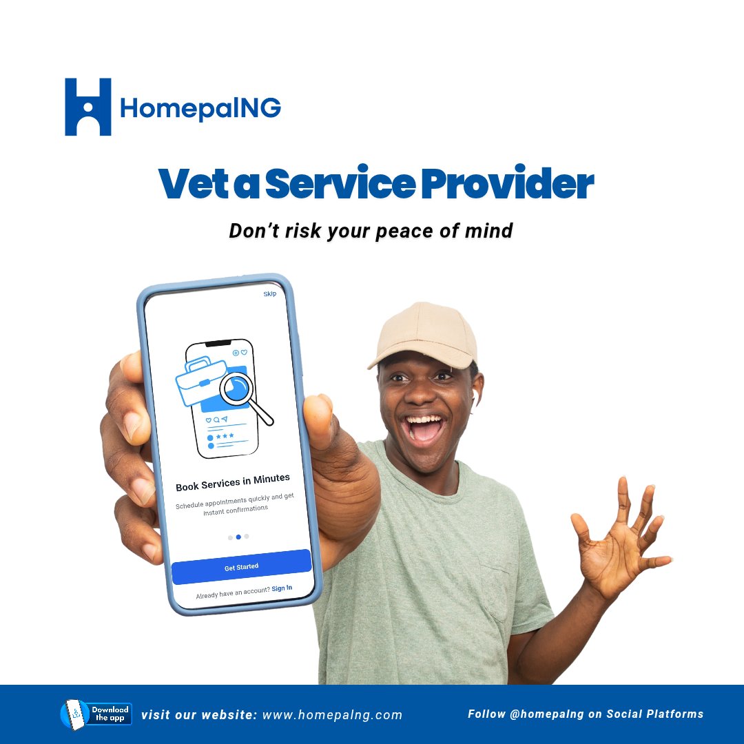 homepalNG's tweet photo. Not every service provider is who they claim to be.
Vet smart. Choose safe.
With HomepalNG, you get only verified and trusted professionals, every single time.
#HomepalNG #NoMoreStress #FixItFast #EverydayEase #NigeriaServices #Artisans #Workwithtrust https://t.co/sGqxwicIKS
