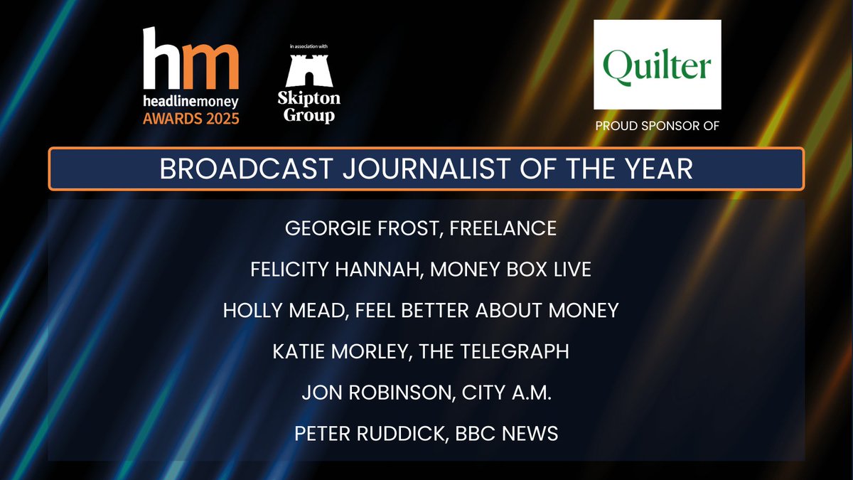 Now for the #HMAwards25 shortlist for the Broadcast Journalist of the Year category, sponsored by <a href="/Quilter/">Quilter</a>! 
 
 Congratulations to <a href="/FelicityHannah/">Felicity Hannah</a>, Georgie Frost, <a href="/holly_mead_/">Holly Mead</a>, <a href="/JonRobinsonNews/">Jon Robinson</a>, <a href="/KatieMorley_/">Katie Morley</a> &amp; <a href="/ruddick/">Peter Ruddick</a> 👏
 
 tinyurl.com/3wkkrzkp