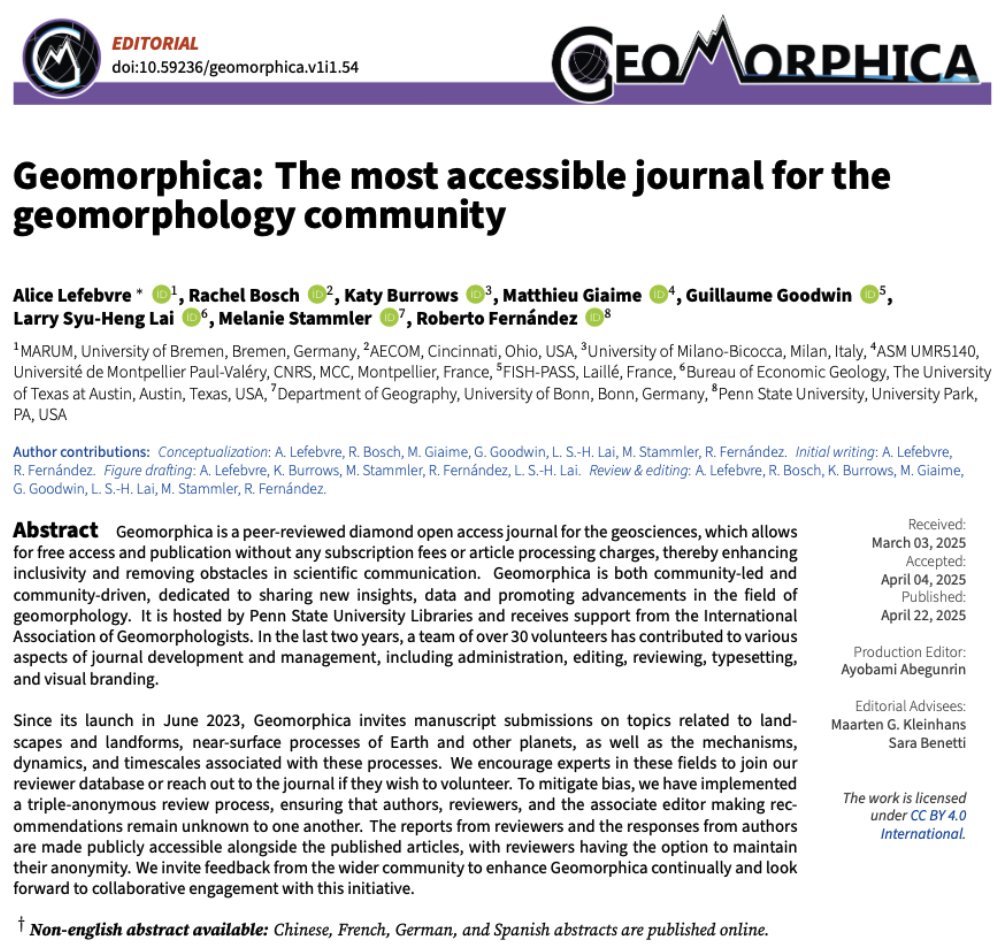 Check out our first <a href="/Geomorphica/">Geomorphica</a>'s editorial to learn  more about us! 
doi.org/10.59236/geomo…

Welcome any feedback, and thank you for continuing to support this journal! Some of our fellows will be at EGU for in-person discussions!