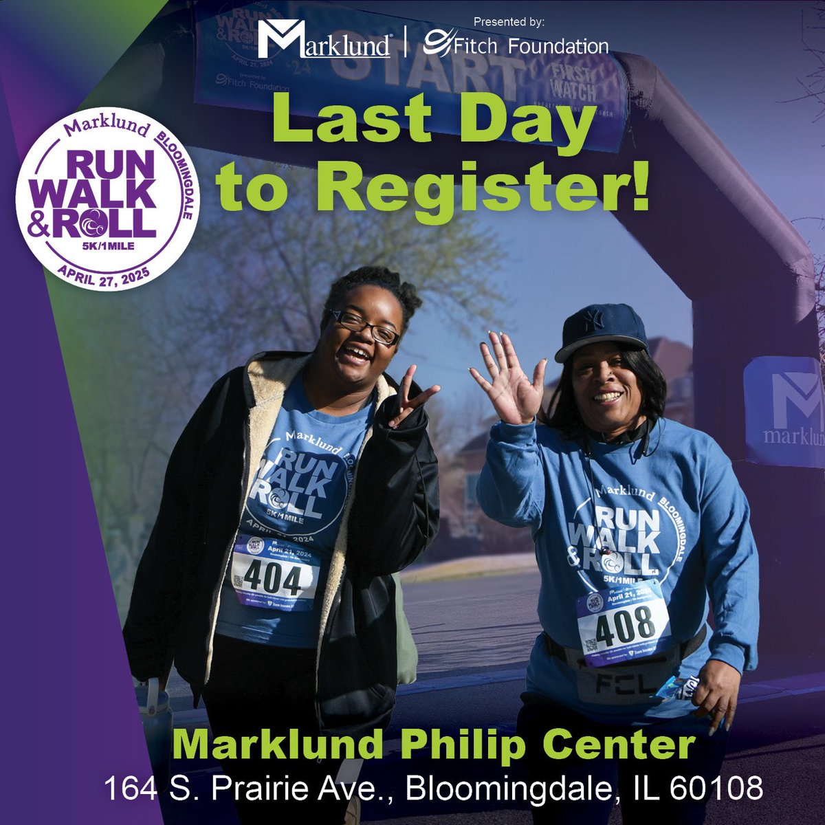 Last chance to register! ⏰Only hours left to register online for the 8th Annual Run, Walk &amp; Roll - Bloomingdale 5K/1 Mile! 🏃‍♀️🚶‍♂️
Don’t wait—register or sign up to volunteer before midnight and help support Marklund! 💜👉 Sign up now: marklund.org/5K