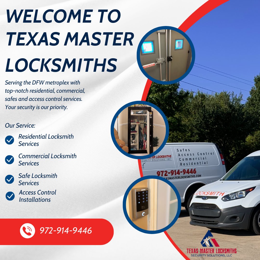 texas_locksmith's tweet image. 🔐 Welcome to Texas Master Locksmiths! Serving the DFW metroplex with top-notch residential, commercial, and access control services. Your security is our priority.  #TexasMasterLocksmiths #DFWLocksmith #SecurityExperts