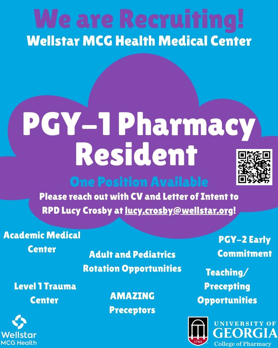 Wellstar MCG Health / UGA Pharmacy Residencies (@au_ugapharmres) on Twitter photo We are currently recruiting for a PGY-1 pharmacy resident position through the scramble! Please reach out to our PGY-1 RPD Lucy Crosby with your CV and Letter of Interest at lucy.crosby@wellstar.org!
wellstar.org/pharmacy-resid⦠We are currently recruiting for a PGY-1 pharmacy resident position through the scramble! Please reach out to our PGY-1 RPD Lucy Crosby with your CV and Letter of Interest at lucy.crosby@wellstar.org!
wellstar.org/pharmacy-residβ¦
