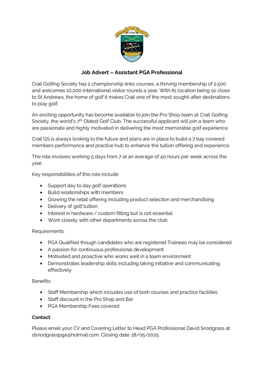 Crail Golfing Society (@crailgolf) on Twitter photo 🚨We're Hiring 🚨 Assistant PGA Professional 🚨 🚨We're Hiring 🚨 Assistant PGA Professional 🚨