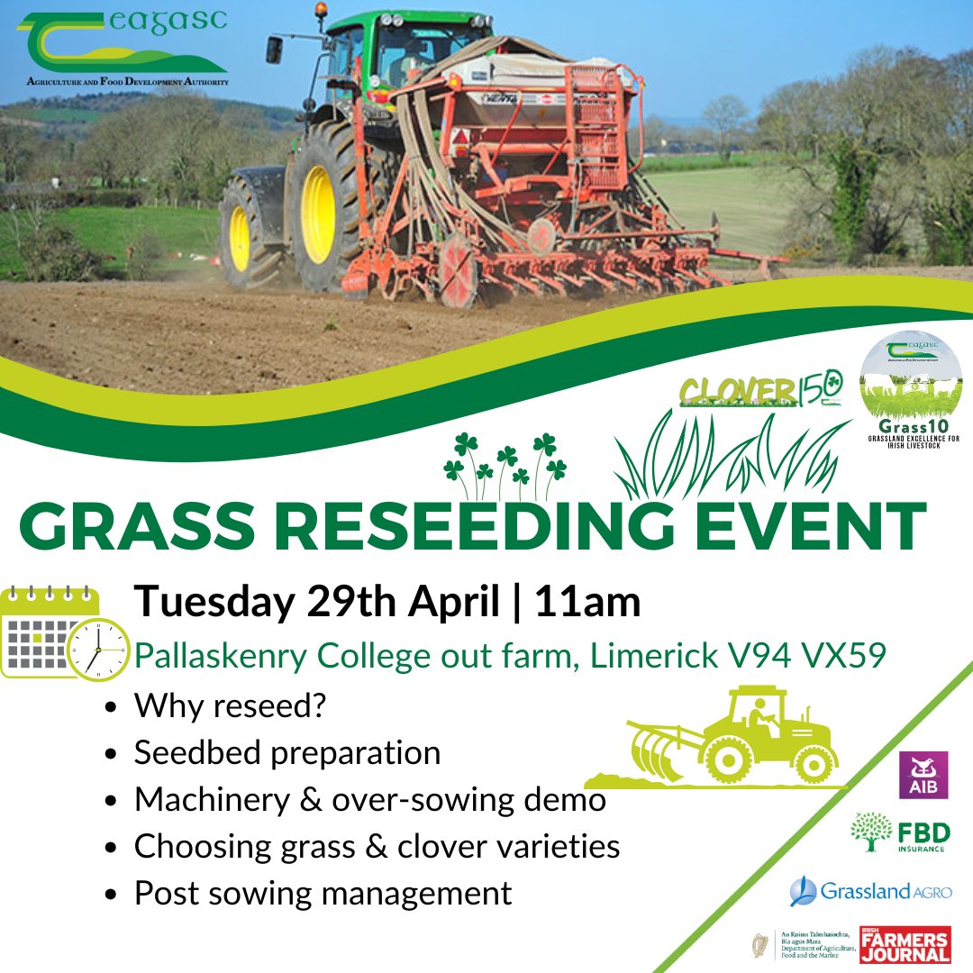 Teagasc Kerry/Limerick (@teagasckylk) on Twitter photo Join us for an upcoming Grass Reseeding Event on Tuesday 29th April @ 11am <a href="/SalesianAg/">Salesian Agricultural College</a> College Pallaskenry out farm, Limerick V94 VX59, where a Live Machinery Demo will also take place. All Welcome Join us for an upcoming Grass Reseeding Event on Tuesday 29th April @ 11am <a href="/SalesianAg/">Salesian Agricultural College</a> College Pallaskenry out farm, Limerick V94 VX59, where a Live Machinery Demo will also take place. All Welcome