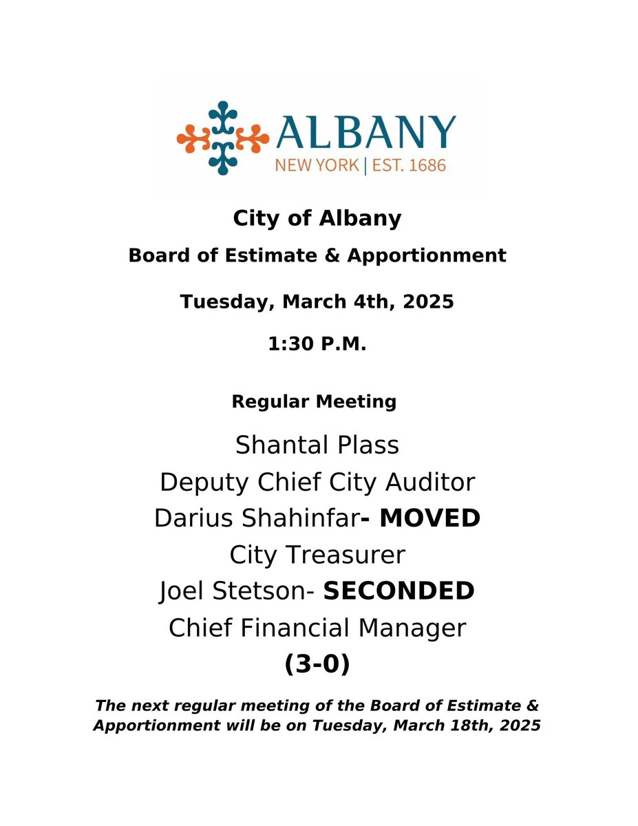The approved agenda for Tuesday, March 4th, 2025, Board of Estimate and Apportionment meeting is available on the city website: albanyny.gov/AgendaCenter/B…
