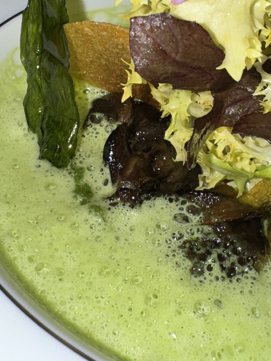 Fricassée d'escargots  glacés au jus,   émulsion d'ails des ours  #Ambroisie #Paris 👨‍🍳 🇫🇷
