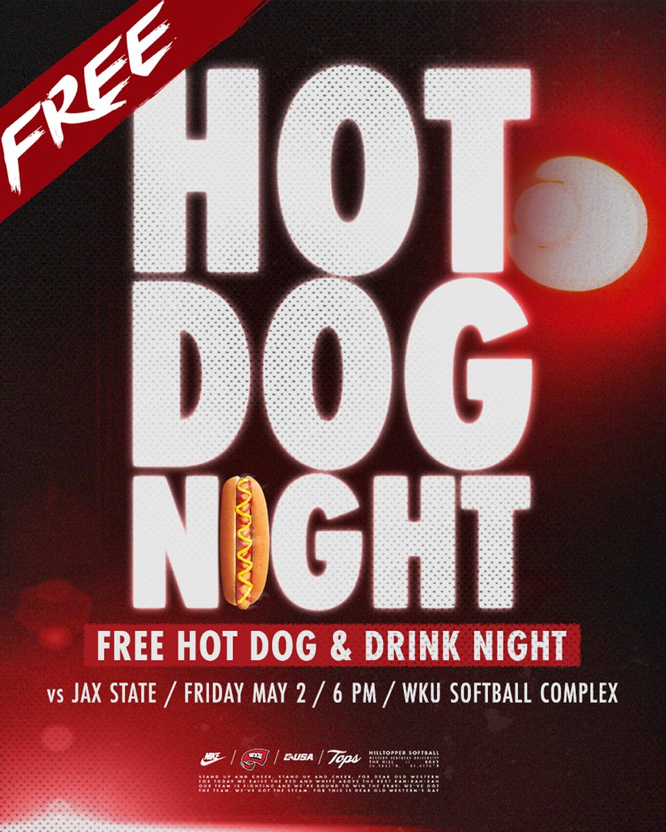 WKU Softball (@wkusoftball) on Twitter photo Free 🌭 and 🥤? Sign us UP.
First 500 fans at our May 2 game against Jax State will receive a voucher for a free hot dog & drink thanks to President <a href="/caboni/">Tim Caboni</a>!
🎟️: bit.ly/3XvN3ld
#GoTops | #tcb Free 🌭 and 🥤? Sign us UP.
First 500 fans at our May 2 game against Jax State will receive a voucher for a free hot dog & drink thanks to President <a href="/caboni/">Tim Caboni</a>!
🎟️: bit.ly/3XvN3ld
#GoTops | #tcb