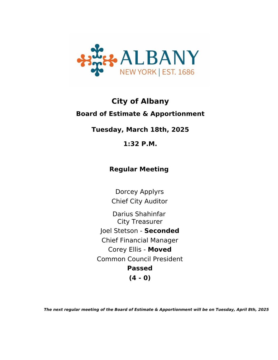 The tentative agenda for Tuesday, March 18th , 2025, Board of Estimate and Apportionment meeting is available on the city website: albanyny.gov/AgendaCenter/B…