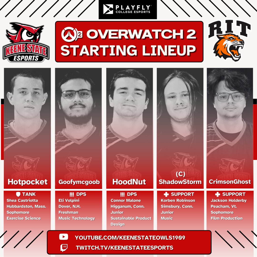 Keene State Esports (@ksc_esports) on Twitter photo ONE MORE GAME TONIGHT!
KSC Overwatch 2 looks to win their second championship in a row as they take on RIT White in the <a href="/playflygg/">Playfly College Esports</a> Varsity Plus 2 Championship game!
WATCH: in-person watch party in LLC 126!
or twitch.tv/KeeneStateEspo…
WE'LL SEE YOU THERE, OWLS!
#OwlsAreOP🦉 ONE MORE GAME TONIGHT!
KSC Overwatch 2 looks to win their second championship in a row as they take on RIT White in the <a href="/playflygg/">Playfly College Esports</a> Varsity Plus 2 Championship game!
WATCH: in-person watch party in LLC 126!
or twitch.tv/KeeneStateEspo…
WE'LL SEE YOU THERE, OWLS!
#OwlsAreOP🦉