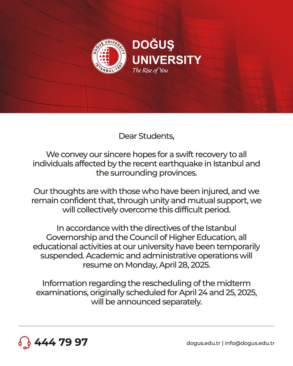 İstanbul’da meydana gelen ve çevre illerde de hissedilen deprem nedeniyle geçmiş olsun dileklerimizi iletiyoruz.

—-

We convey our sincere hopes for a swift recovery to all individuals affected by the recent earthquake in Istanbul and the surrounding provinces.