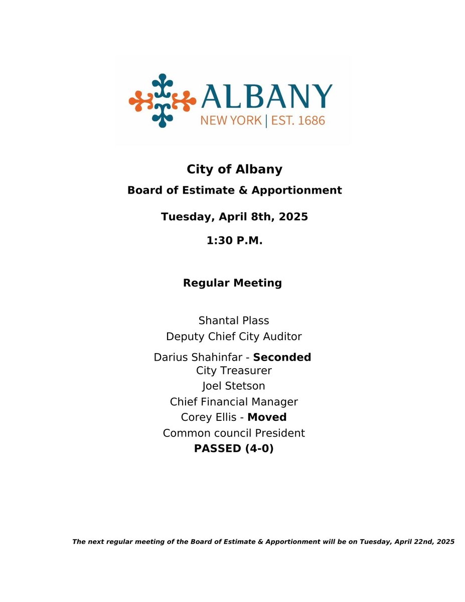 The approved agenda for Tuesday, April 8th, 2025, Board of Estimate and Apportionment meeting is available on the city website: albanyny.gov/AgendaCenter/B…