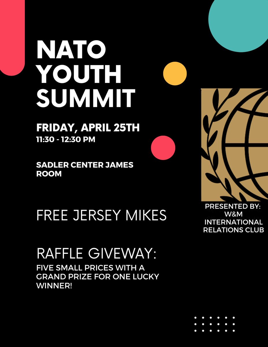 W&M Whole of Government Center of Excellence (@wmwgc) on Twitter photo Join the International Relations Club and <a href="/wmgic/">William & Mary Global Innovation Challenge (WMGIC)</a> for the 2025 NATO Youth Summit Watch Party on April 25 at 11:30am ET in the Sadler Center, James Room.
During the event, attendees will watch a panel broadcasted live from the <a href="/NATO/">NATO</a> Youth Summit in Montenegro. #NATOYouthSummit Join the International Relations Club and <a href="/wmgic/">William & Mary Global Innovation Challenge (WMGIC)</a> for the 2025 NATO Youth Summit Watch Party on April 25 at 11:30am ET in the Sadler Center, James Room.
During the event, attendees will watch a panel broadcasted live from the <a href="/NATO/">NATO</a> Youth Summit in Montenegro. #NATOYouthSummit