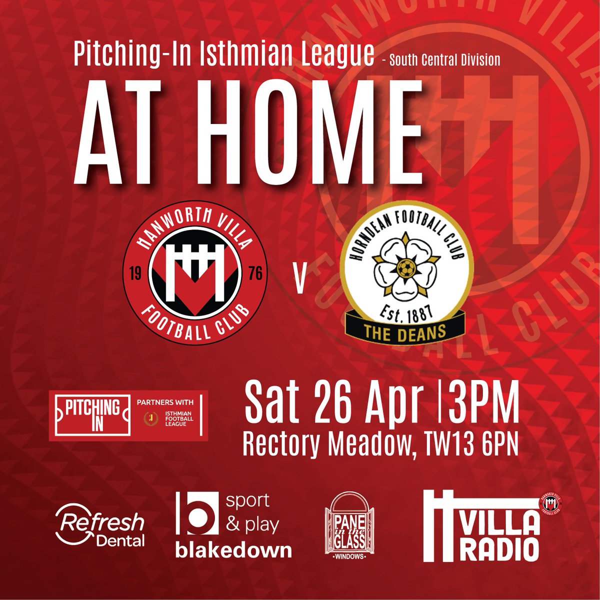FINAL CALL!
Its our last league match Saturday, we welcome <a href="/Horndean_FC/">Horndean FC</a> to Rectory Meadow. 
We want a sea of Red to welcome the team out as we look to extend our season into the Play-Offs!
See you there!
