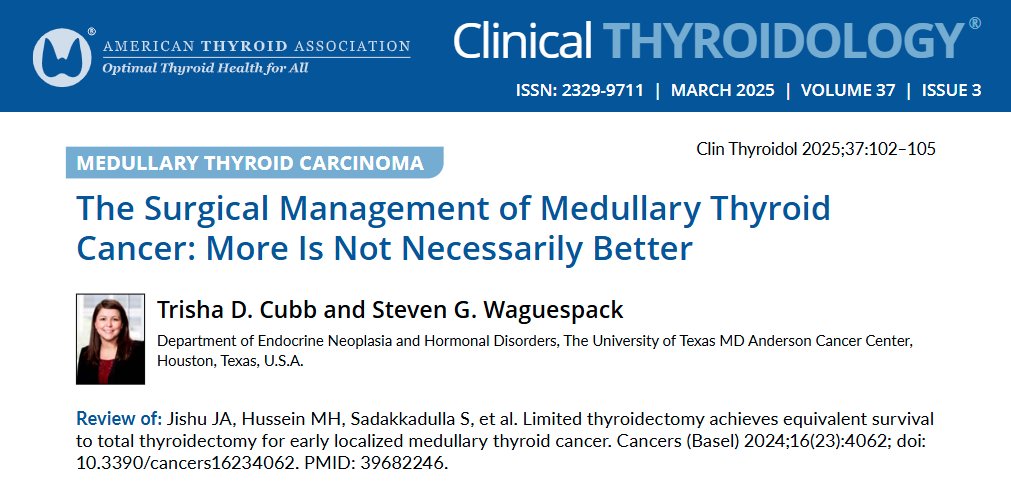Clinical Thyroidology (@clinicalthyroid) on Twitter photo Is ipsilateral #surgery enough for some #MedullaryThyriodCancer? Drs. @trishacubb & Steven Waguespack unpack this #SEER study w/ similar outcomes for T1 #MTC after #lobectomy vs. total
ow.ly/G0SG50Vyqwh
#Thyroidectomy. #medtwitter #endotwitter <a href="/ThyCaInc/">ThyCa Inc.</a> #thyroidcancer Is ipsilateral #surgery enough for some #MedullaryThyriodCancer? Drs. @trishacubb & Steven Waguespack unpack this #SEER study w/ similar outcomes for T1 #MTC after #lobectomy vs. total
ow.ly/G0SG50Vyqwh
#Thyroidectomy. #medtwitter #endotwitter <a href="/ThyCaInc/">ThyCa Inc.</a> #thyroidcancer