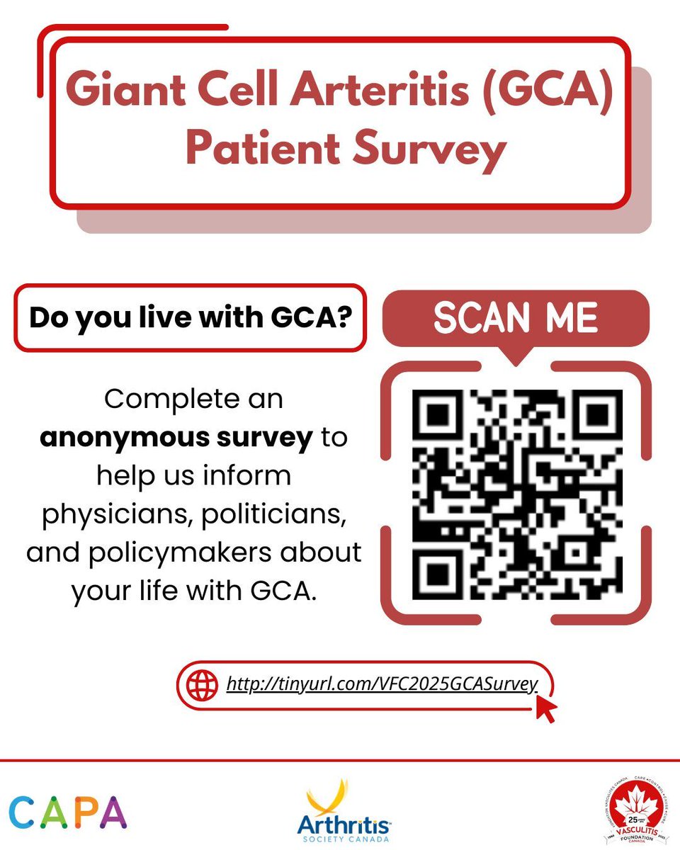 CAPA (@capa_arthritis) on Twitter photo Do you live with giant cell arteritis (GCA)?
Vasculitis Foundation Canada, CAPA, and <a href="/ArthritisSoc/">Arthritis Society Canada</a> are asking GCA patients to complete an anonymous survey to help us inform physicians, politicians, and policymakers about your life with GCA.
tinyurl.com/VFC2025GCASurv⌠Do you live with giant cell arteritis (GCA)?
Vasculitis Foundation Canada, CAPA, and <a href="/ArthritisSoc/">Arthritis Society Canada</a> are asking GCA patients to complete an anonymous survey to help us inform physicians, politicians, and policymakers about your life with GCA.
tinyurl.com/VFC2025GCASurvâŚ