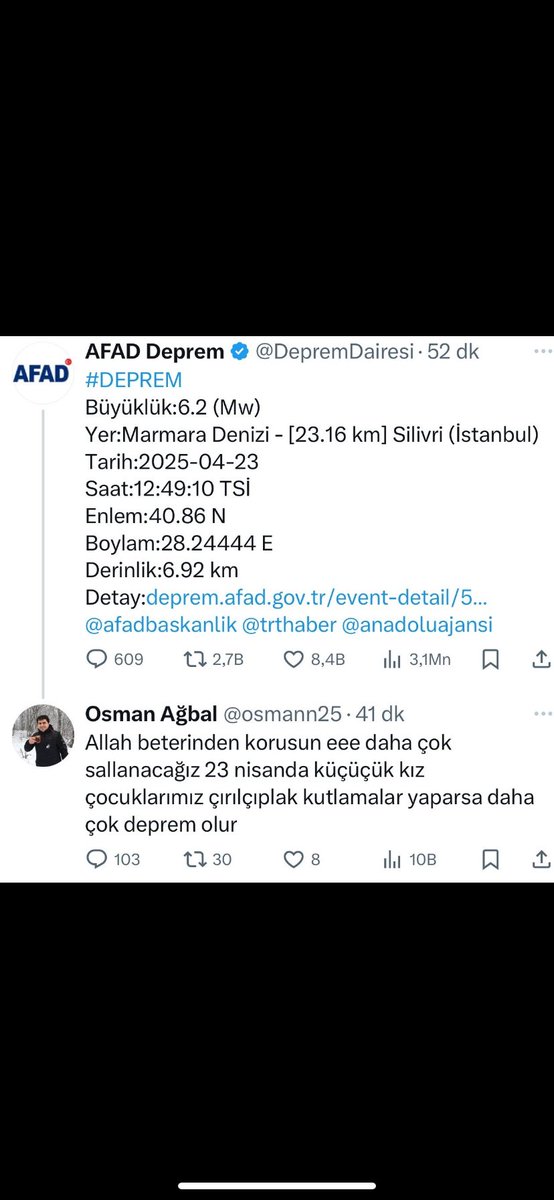 Yorumunu silmiş. Arkadaşlar afadın gönderisine yorum yapan alıntıdaki şahıstır buyrun gelin yorumlara
#deprem