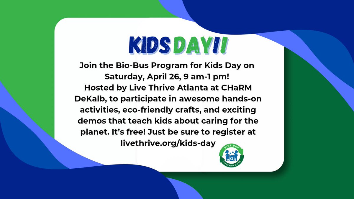 Join the Bio-Bus Program at Kids Day with @livethriveatl! 
WHEN: Sat, Apr 26 | 9 AM–1 PM
WHERE: CHaRM DeKalb, 1225 Columbia Dr, Decatur
Don’t miss this FREE event full of environmental fun for the whole family!
🔗 Register now: t.gsu.edu/4349i3N
#BioBus #EarthDay #STEM #GSU