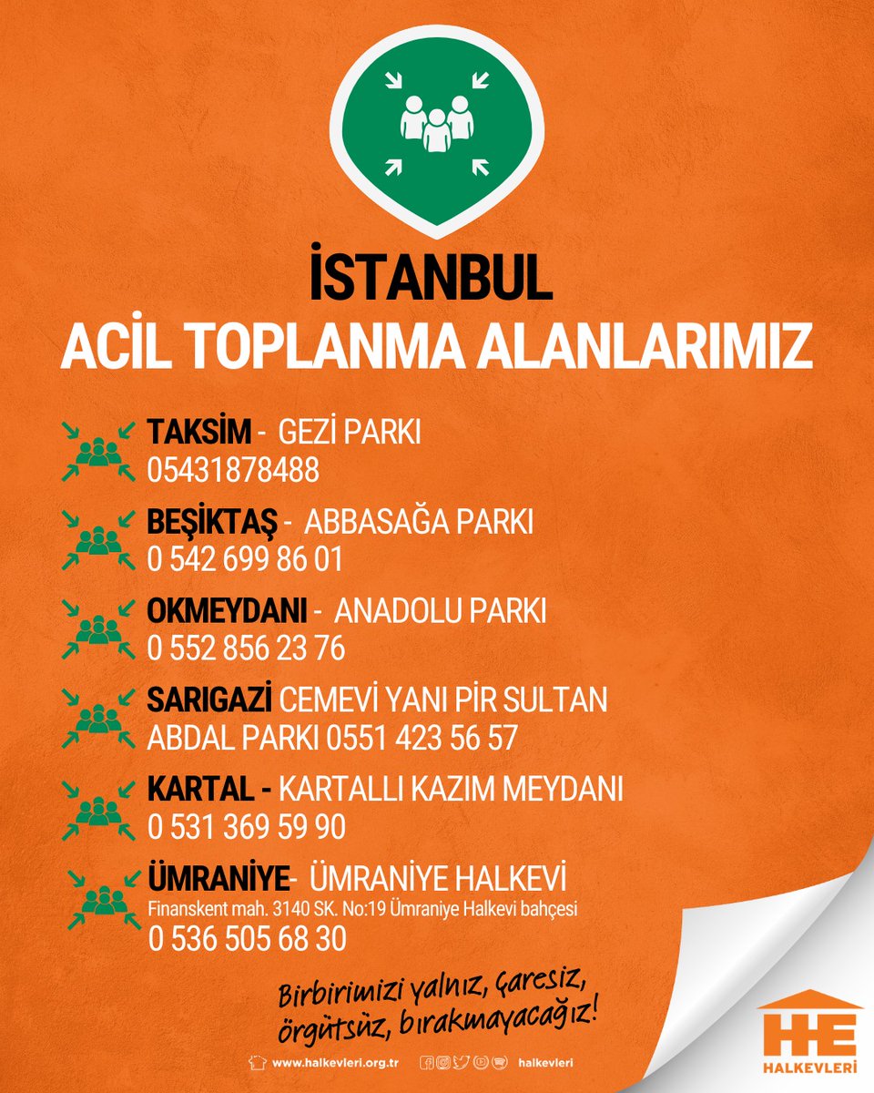 📢 İstanbul #Deprem 
Acil Toplanma Alanlarımız👇
Elden ele duyuralım, dayanışmamızı büyütelim dostlar. 

Birbirimizi yalnız, çaresiz, örgütsüz bırakmayacağız! 

#İstanbul #AcilToplanmaAlanları
