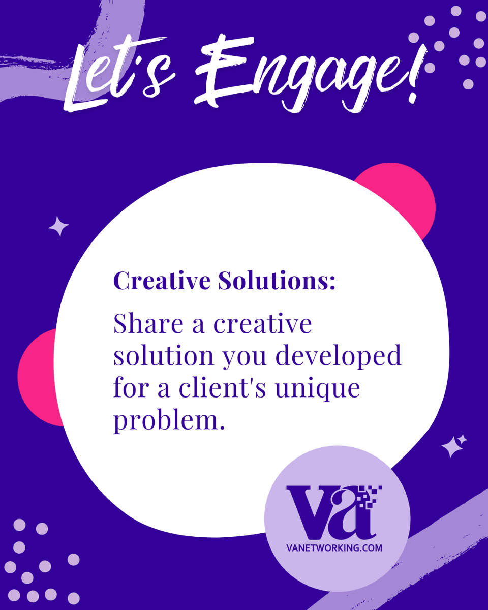 vanetworking's tweet image. Creative Solutions: Share a creative solution you developed for a client&apos;s unique problem.

#VAsolutions #VAnetworking #virtualassistant #vacommunity #freelancesuccess #workfromhomelife