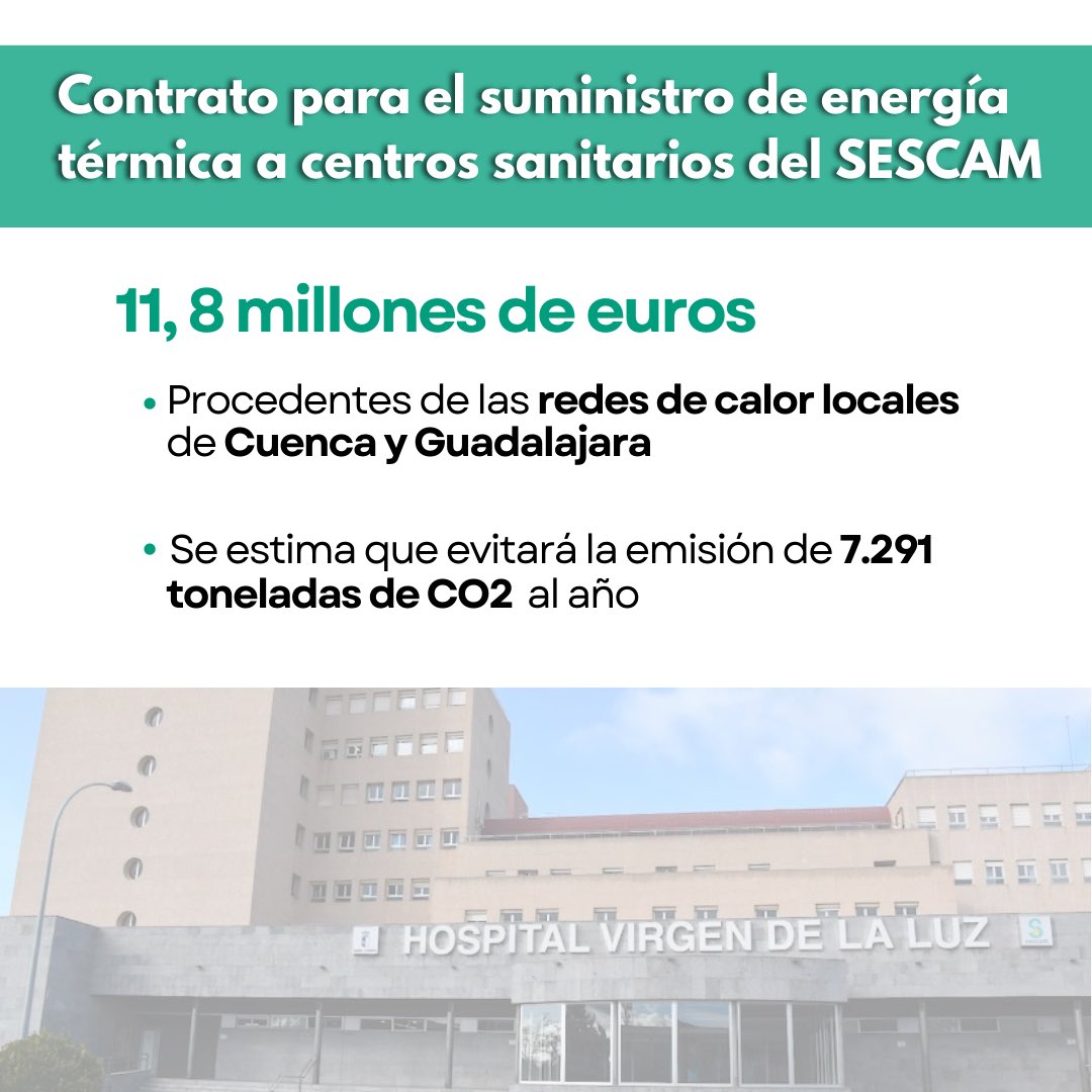 🏥Se impulsa la descarbonización de centros sanitarios de #Cuenca y #Guadalajara con una inversión de casi 13 millones €.

👉A través de redes centralizadas que producen energía mediante la combustión de biomasa, se proporciona calor y agua caliente.

ℹ️ plandesalud.castillalamancha.es