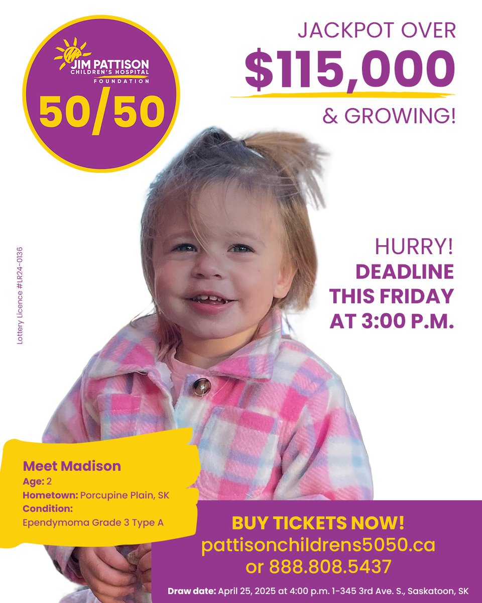 The deadline to get your JPCHF 50/50 tickets is THIS FRIDAY! 🚨 The jackpot is OVER $115,000 and half could be YOURS! 🚨 Your support helps kids like Madison receive the best care possible right here at home. Get tickets NOW: ow.ly/N4qL50VGohQ

Lottery License # LR24-0136