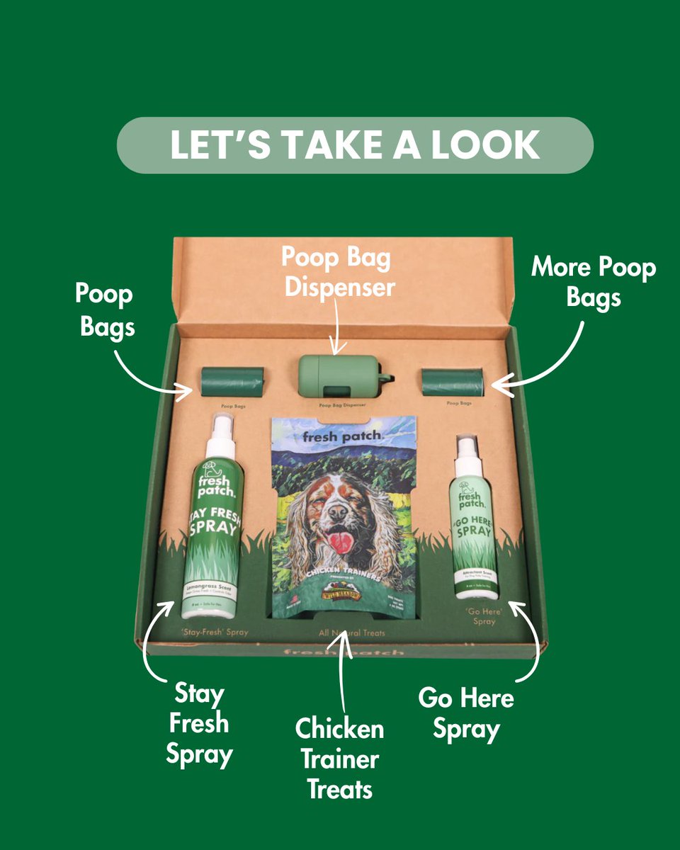 What's inside the Starter Set:

📄 Step by step guide
💦 Go Here Spray &amp; Stay Fresh Spray
🍗 Chicken Trainer Treats
💩 Poop Bag Dispenser and Poop Bags

Pick it up to help with potty training your dog 🐾
freshpatch.com/products/start…