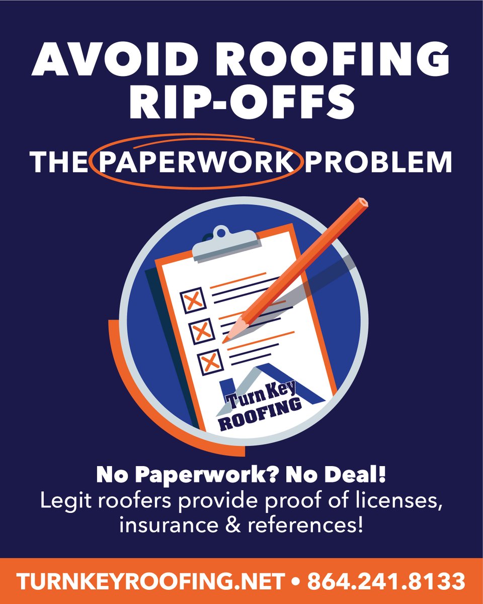 AVOID ROOFING RIP-OFFS! 🚨

No paperwork? No deal! Don’t risk it—choose a trusted, professional team like Turn Key Roofing! 🏠

TurnKeyRoofing.net

#TurnKeyRoofing #Roofing #SeeShockCity #AndersonIsMyTown #Roofer #SupportLocal #YeahThatGreenville #SolidOrange #GVLToday