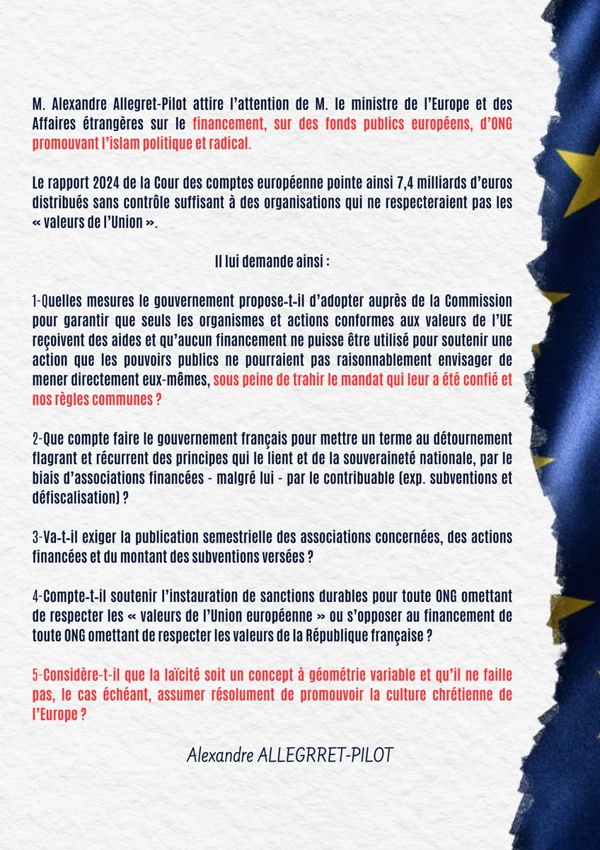 😳 Financement public d’associations islamistes radicales par le biais de l’UE ? 

Face à ce véritable scandale, retrouvez ma question au ministre chargé de l’Europe.